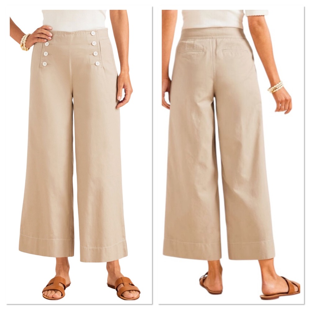 Talbots Womens 10 Khaki Tan Sailor Wide Leg Crop Pants Nautical Button Front New